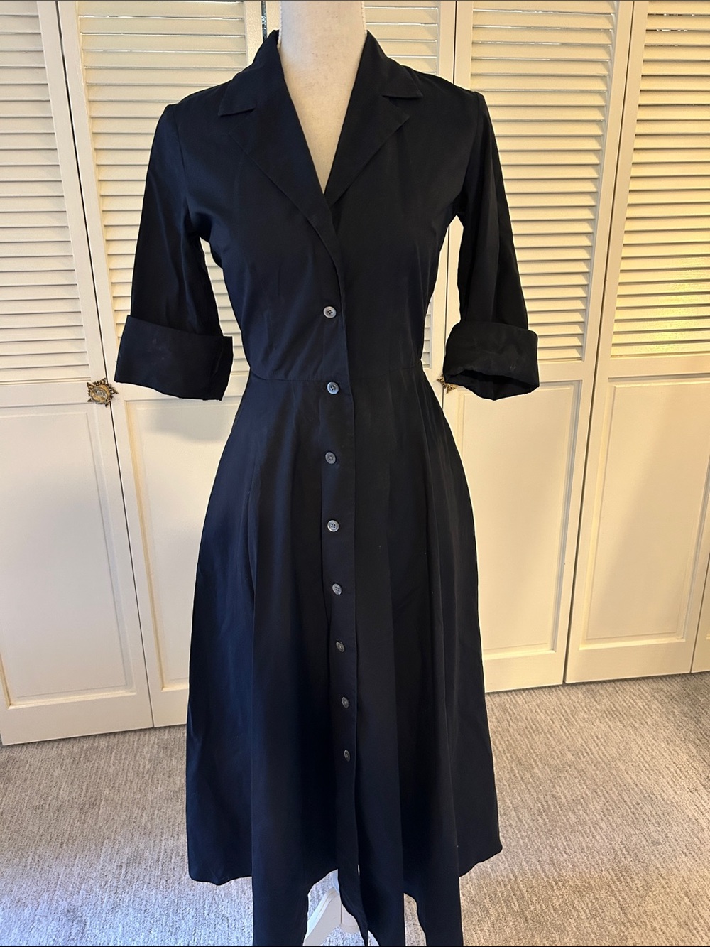 Vintage Black Midi Shirt Dress with Notch Collar